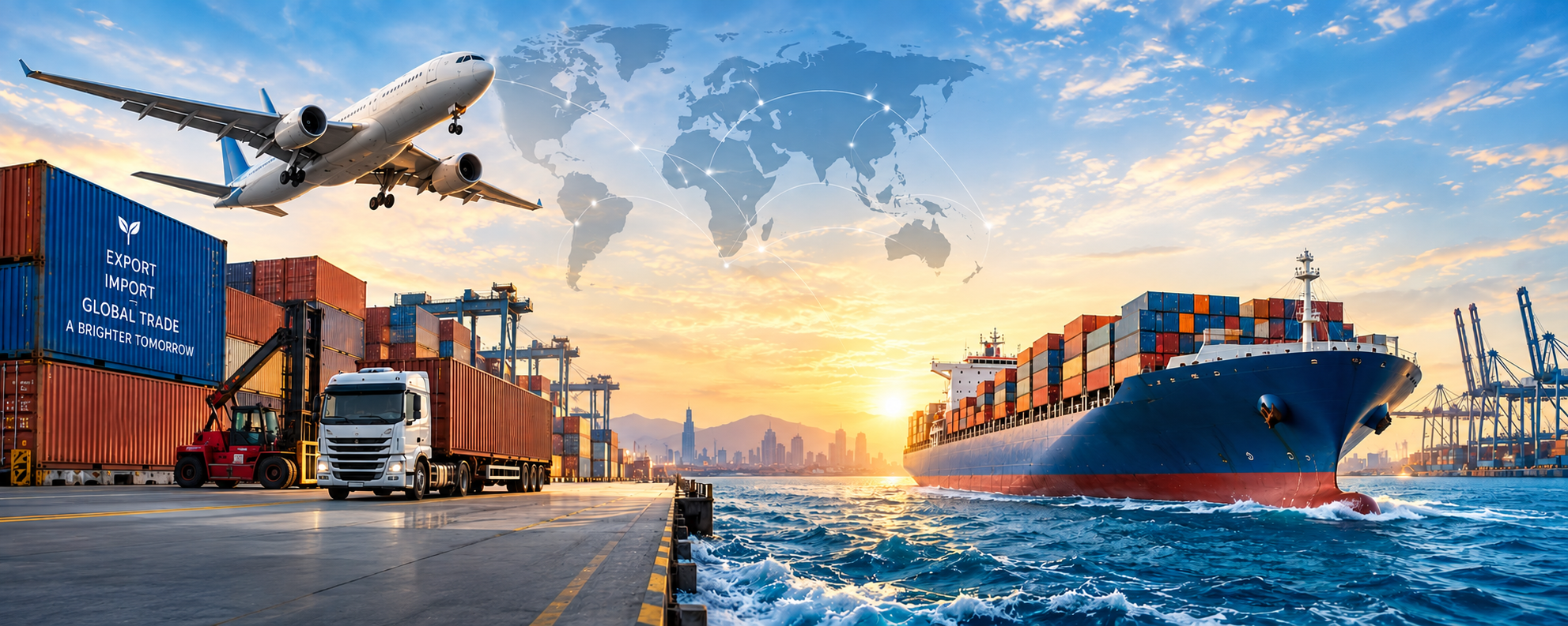 Cargo ship and shipping containers at an international port