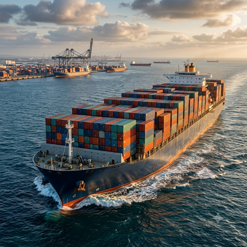 Sea freight vessel loaded with export containers