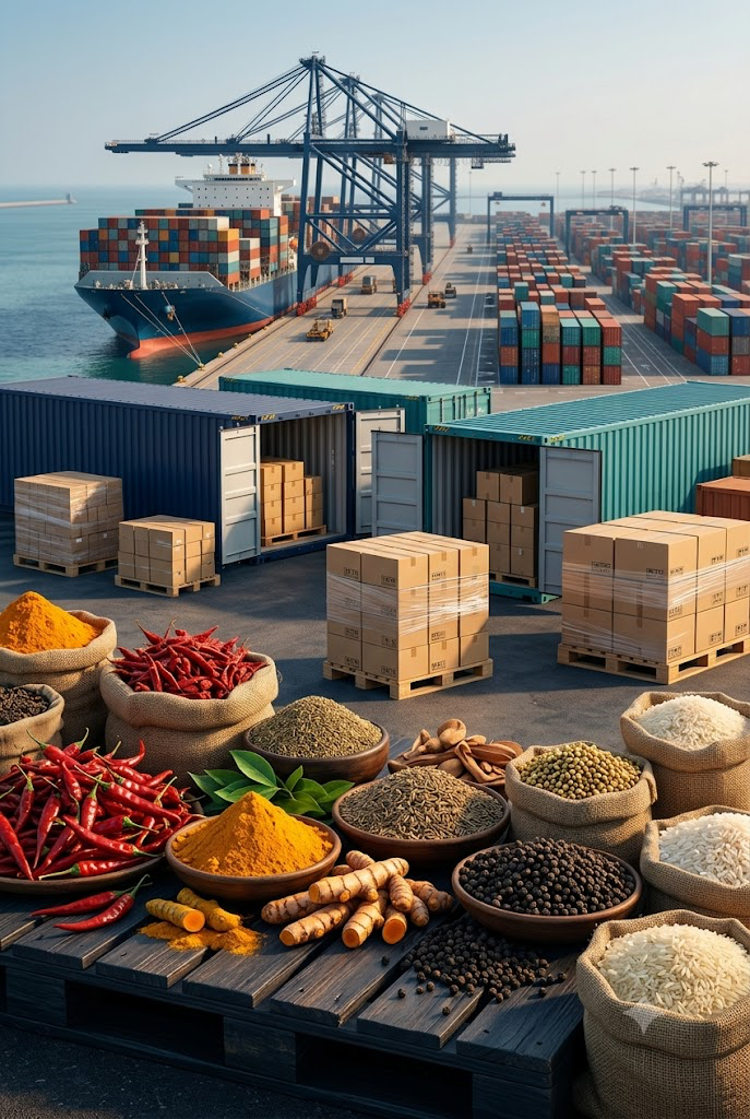 Indian spice market with sacks of raw spices ready for export